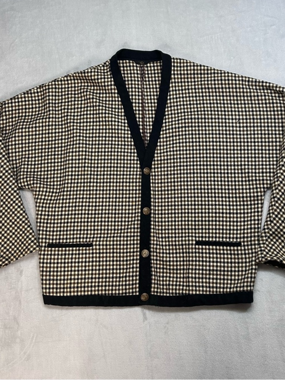 Pendleton Cardigan Womens L Black Brown White Wool Gun Club Check Raglan Vintage